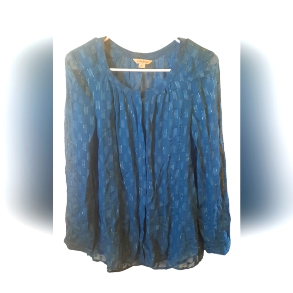Lucky Brand Blouse Womans Small Teal Metallic Sheer Button Down Western Preppy